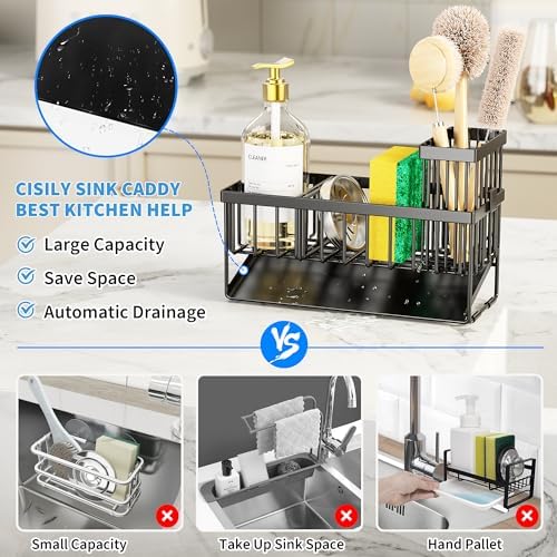 Cisily Sink Caddy Sponge Holder for Kitchen with Brush Holder and Stainless Steel Self Drain Tray, Rustproof Kitchen Sink Organizer for Sponge, Soap Dispenser Storage Accessories - Image 5