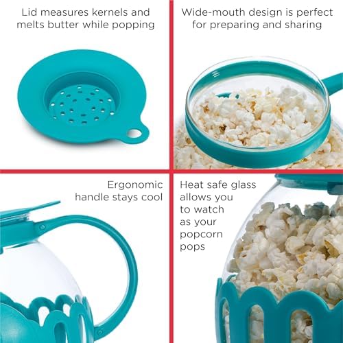 Ecolution Patented Micro-Pop Microwave Popcorn Popper with Temperature Safe Glass, 3-in-1 Lid Measures Kernels and Melts Butter, Made Without BPA, Dishwasher Safe, 1.5-Quart, Teal - Image 6