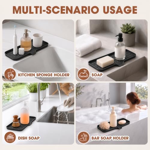 CAKETIME 2 Pack Silicone Soap Dish with Drain Spout for Bathroom Shower Caddy Kitchen Counter Sponge Holder Bar Sink Organizer Gadgets Gears Items Self Draining Jabonera Stuff Black Large - Image 6