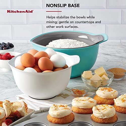 KitchenAid Universal Nesting Plastic Mixing Bowls,Set Of 3,2.5 quart,3.5 quart,4.5-quart,Non Slip Base with Easy Pour Spout to Reduce Mess,Dishwasher Safe,Aqua Sky,White,Gray,(Pack of 2) - Image 6