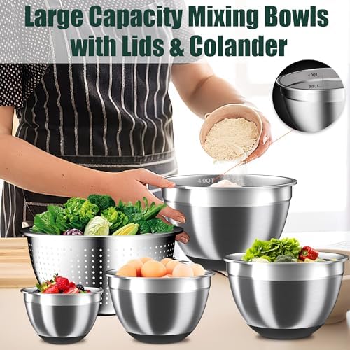 Mixing Bowls with Airtight Lids Set, 4 Stainless Steel Bowls Nesting Bowls & Colander, Kitchen Organizers and Storage Non-Slip Bottom, Size 1.5/2.0/2.5/4.5QT, Great for Mixing & Serving, Black - Image 4