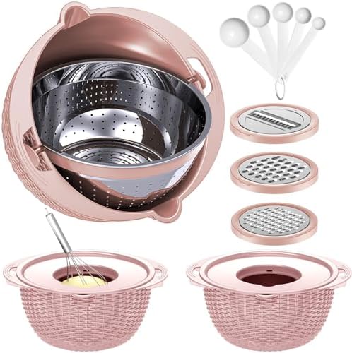 4-1 Colander with Bowl & Spoons Set - Food Strainer with New Upgraded Graters & Spoons - Colanders for kitchen(Patented) - Strainer for Fruit Pasta Veggie, Funny Presents for Women, Pink by Balavina