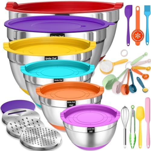 Umite Chef Thickened Heavy-Duty 26pcs Stainless Steel Bowl, Mixing Bowl Set with Lid, Grater Attachment, Colorful Non-Slip Bottom and Kitchen Gadget Set, Sizes 7, 4, 2.5, 2.0, 1.5, 1QT by UmiteChef