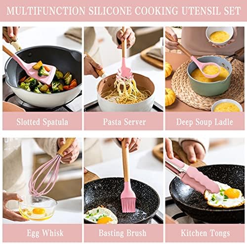 Umite Chef Silicone Kitchen Utensils Set, 33 Piece Non-Stick Kitchen Utensils with Stand, Wooden Handle, Pink - Image 5