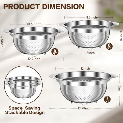 Large Strainers and Colanders, Big Stainless Steel Colanders for Kitchen, Stainless Steel Strainer Set of 3 (7 QT, 6 QT, 5 QT) for Draing Pasta Spaghetti Fruit Vegetable - Image 2