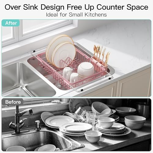 JASIWAY Pink Dish Drying Rack Over the Sink with Utensil Holder - Image 2