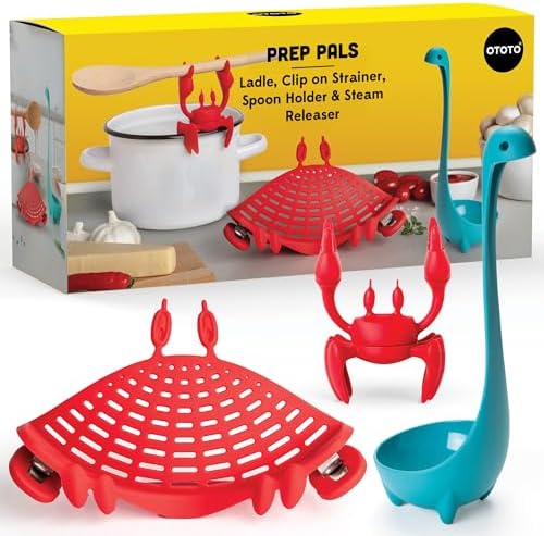OTOTO Prep Pals Bundle of Red the Crab, Nessie, Crabby - Cute Kitchen Accessories, Kitchen Gadgets, Spoon Rest for Stove Top, Soup Ladle, Pasta Strainer, Funny Unique Gifts, Cooking Gifts by OTOTO