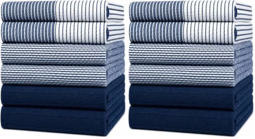 Premium Kitchen Towels (20”x 28”, 12 Pack) | Large Cotton Dish Towels | Flat & Terry Highly Absorbent Kitchen Linen Set with Hanging Loop | Navy Blue by BumbleTowels
