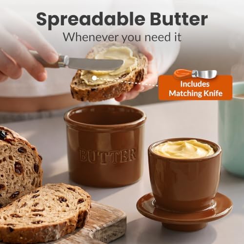 Priority Chef Butter Crock with Lid for Countertop with Spreader Knife and Water Line, Soft Spreadable Butter, Ceramic French Butter Dish with Lid, Brown - Image 2