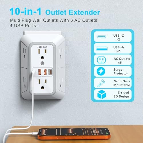 JcBlaon Multi Plug Outlet Surge Protector, Wall Charger with 6 Outlet Splitter with 4 USB Ports(PD 20W), 3-Sided 1050J Surge Protector Power Strip for Home Office Dorm Room Essentials-ETL - Image 2