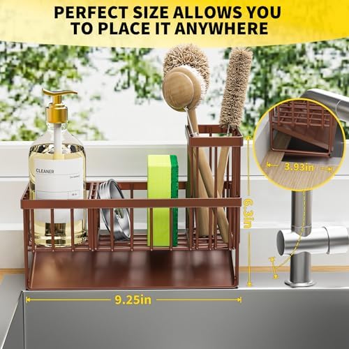 Cisily Kitchen Sink Caddy, Sponge Holder for Kitchen Sink, Kitchen Sink Organzier and Storage with High Brush Holder, Rustproof 304 Stainless Gadgets Sink Accessories(Brown) - Image 3