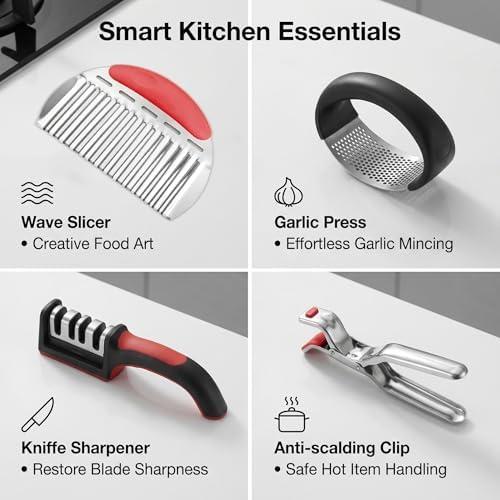 13-Piece Kitchen Gadget Set (Includes Storage Basket) — Features Kitchen Shears, Garlic Press, Knife Sharpener, Julienne Peeler, Standard Peeler, Anti-Scald Tongs (13 PCS-B) - Image 3
