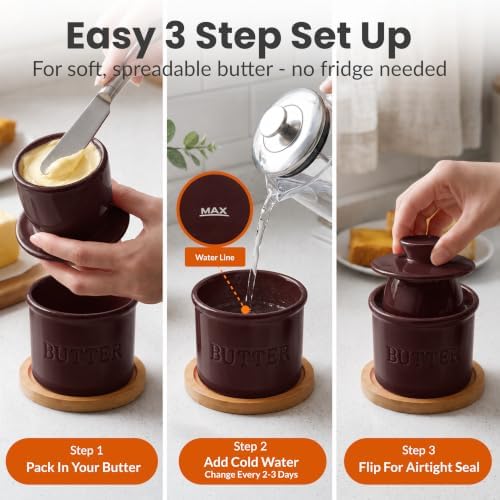 Priority Chef Butter Crock with Lid for Countertop with Spreader Knife and Water Line, Soft Spreadable Butter, Ceramic French Butter Dish with Lid, Maroon - Image 3