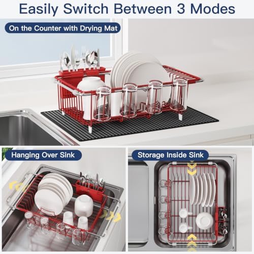 JASIWAY Red Dish Drying Rack in Sink with Mat, Cups and Utensil Holder - Image 2