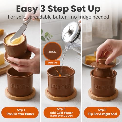 Priority Chef Butter Crock with Lid for Countertop with Spreader Knife and Water Line, Soft Spreadable Butter, Ceramic French Butter Dish with Lid, Brown - Image 3