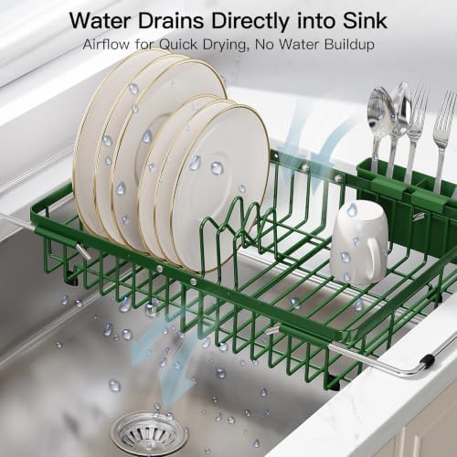 JASIWAY Green Dish Drying Rack Over the Sink with Utensil Holder - Image 6