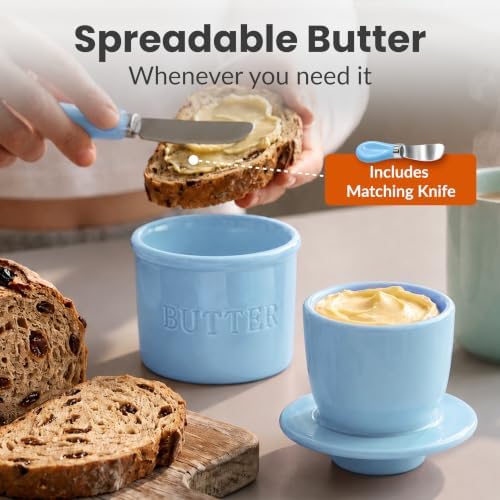 Priority Chef Butter Crock with Lid for Countertop with Spreader Knife and Water Line, Soft Spreadable Butter, Ceramic French Butter Dish with Lid, Light Blue - Image 3