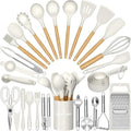 Umite Chef Silicone Kitchen Utensil Set, 34PCS Heat Resistant Kitchen Gadgets and Tools With Grater, Cream White Wood Handles for Nonstick Cookware by UmiteChef
