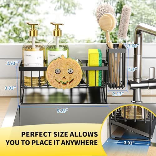 Cisily Kitchen Sink Caddy Organzier with High Brush Holder, Sponge Holder for Sink, 304 Rustproof Stainless, Kitchen Countertop Soap Dispenser Organizer (Black With Smiley Face Holder, 9.25″) - Image 2