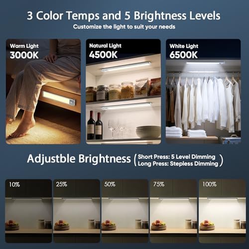 10inch Under Cabinet Lighting with 3 Color Temps, 2 Pack Rechargeable Motion Sensor Light Indoor, 5 Levels Dimmable Magnetic Closet Lights, Wireless Under Counter Lights for Kitchen, Stairs - Image 4