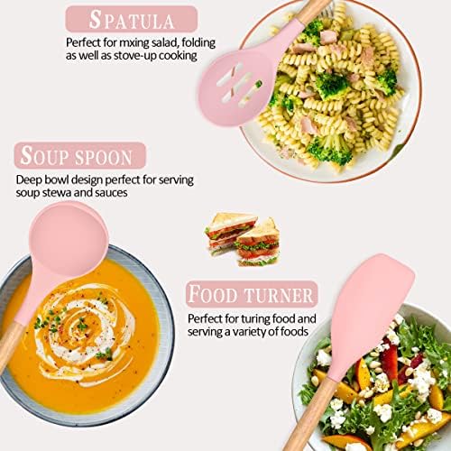 Umite Chef Silicone Kitchen Utensils Set, 33 Piece Non-Stick Kitchen Utensils with Stand, Wooden Handle, Pink - Image 4