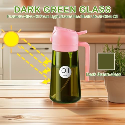 YARRAMATE 2Pcs 16oz/470ml Dark Green Oil Sprayer for Cooking with Stickers, Food-grade Premium 2 in 1 Olive Oil Dispenser Bottle for Kitchen Gadgets, Air Fryer, Salad, Frying, BBQ (Pink&Black) - Image 2