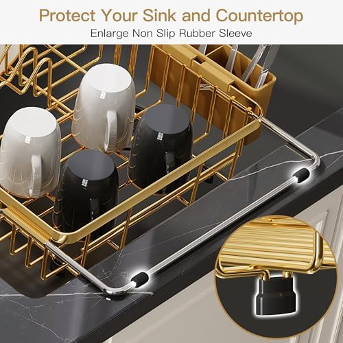 JASIWAY Gold Dish Drying Rack Over the Sink with Utensil Holder - Image 7