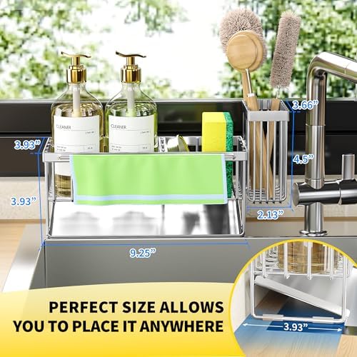 Cisily Kitchen Sink Caddy Organzier with High Brush Holder, Sponge Holder for Sink, 304 Rustproof Stainless, Kitchen Countertop Soap Dispenser Organizer (Silver With Towel Rack, 9.25″) - Image 4