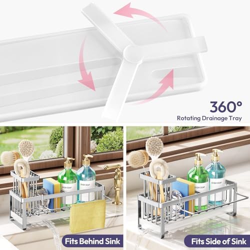 SWTYMIKI Sponge Holder for Kitchen Sink - Sink Caddy with Brush Holder Self-draining Sponge Caddy Organizer with Divider Stainless Steel Kitchen Accessories Storage for Countertop, Silver - Large - Image 2