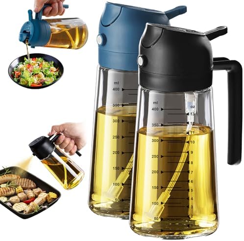 TrendPlain 16oz/470ml Glass Olive Oil Sprayer for Cooking – 2 in 1 Olive Oil Dispenser Bottle for Kitchen Gadgets and Air Fryer Accessories, Salad, BBQ - Black & Navy by TrendPlain