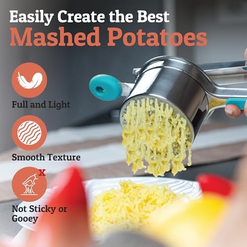 PriorityChef Large 15oz Potato Ricer, Heavy Duty Stainless Steel Potato Masher and Ricer Kitchen Tool, Press and Mash Kitchen Gadget For Perfect Mashed Potatoes - Everytime, Silver and Turquoise - Image 6