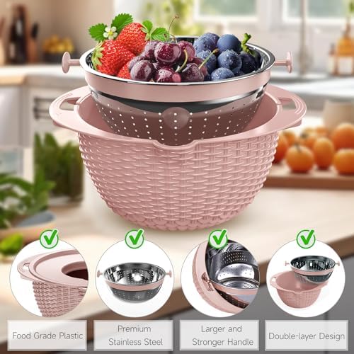 4-1 Colander with Bowl & Spoons Set - Food Strainer with New Upgraded Graters & Spoons - Colanders for kitchen(Patented) - Strainer for Fruit Pasta Veggie, Funny Presents for Women, Pink - Image 6