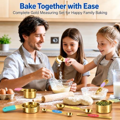 Magnetic Measuring Cups & Spoons Set, Strong N45 Magnets, Heavy Duty Stainless Steel Fits in Spice Jars for Baking & Cooking, BPA Free, Round Set of 15 with Leveler,Gold&Colorful - Image 2