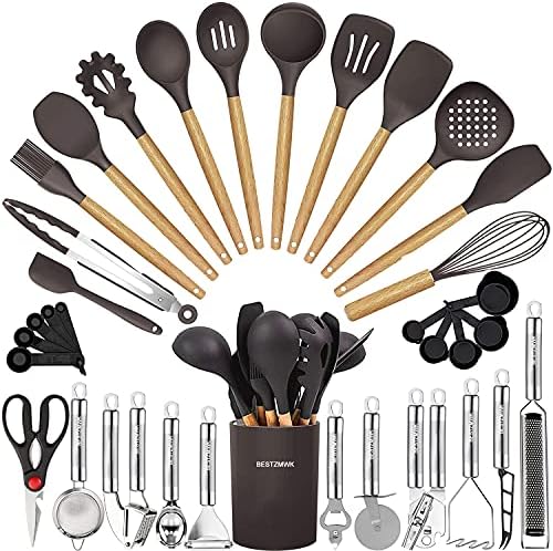 Cooking Utensils Set- 35 PCs Kitchen Utensils with Grater,Tongs, Spoon Spatula &Turner Made of Heat Resistant Food Grade Silicone and Wooden Handles Kitchen Gadgets Tools Set for Cookware by BESTZMWK