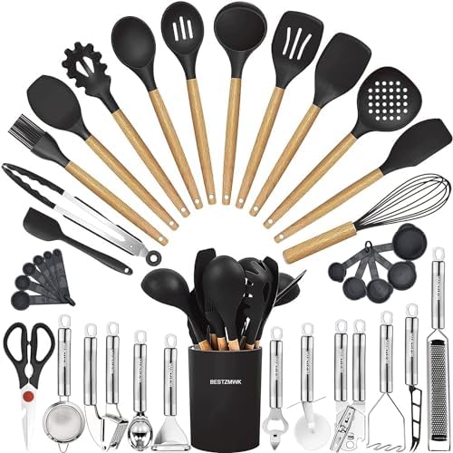 Cooking Utensils Set- 35 PCs Kitchen Utensils with Grater,Tongs, Spoon Spatula &Turner Made of Heat Resistant Food Grade Silicone and Wooden Handles Kitchen Gadgets Tools Set for Nonstick Cookware by BESTZMWK