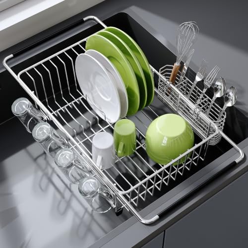 JASIWAY Stainless Steel Dish Drying Rack in Sink with Metal Utensil Holder by JASIWAY