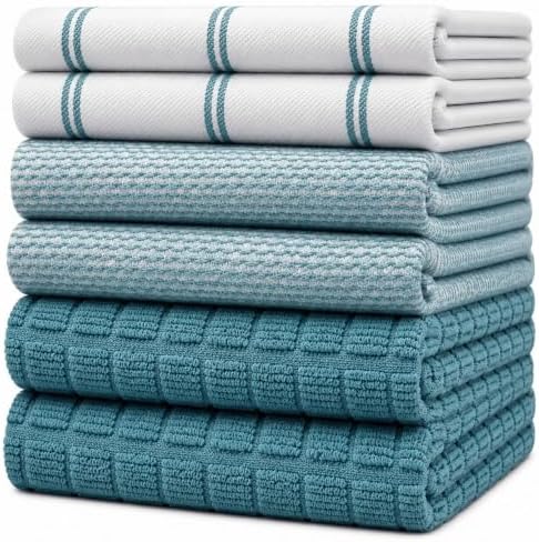 Premium Kitchen Towels 6 Pack 100% Cotton, 20"x28" Dish Towels - Teal Check by BumbleTowels