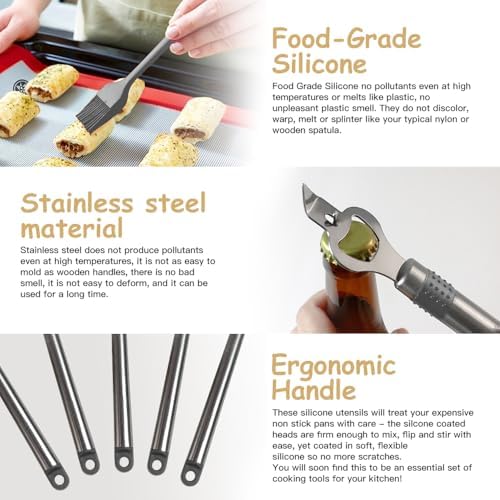 Kitchen Utensil Set-Silicone Cooking Utensils-33 Kitchen Gadgets & Spoons for Nonstick Cookware-Silicone and Stainless Steel Spatula Set-Best Kitchen Tools, Useful Pots (Grey) - Image 5