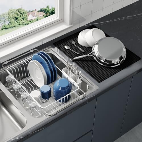 JASIWAY White Dish Drying Rack in Sink with Mat, Cups and Utensil Holder by JASIWAY