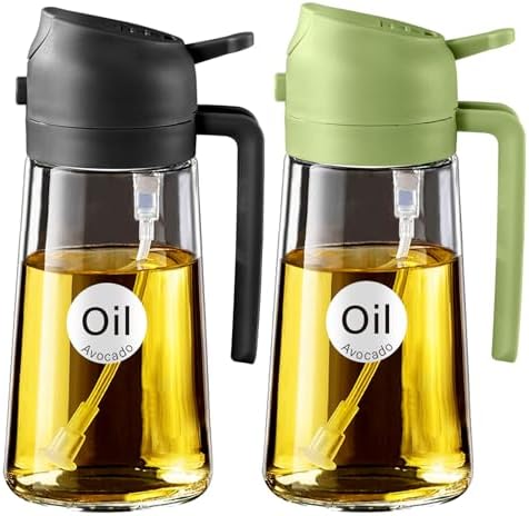 YARRAMATE Olive Oil Dispenser, 2 in 1 Oil Sprayer for Cooking, 16oz/470ml Glass Oil Spray Bottle with Pourer, Food-grade Oil Dispenser and Oil Sprayer for Kitchen, Salad, Frying, BBQ (Black & Green) by YARRAMATE