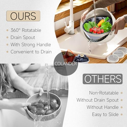 4-1 Colander with Bowl & Spoons Set - Rotatable Colander for kitchen with New Upgraded Graters, Food Strainer(Patented) for Pasta, Fruits, Vegetables, Funny Presents for Women, Beige - Image 4