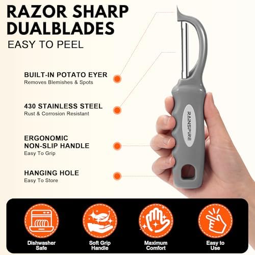 Rainspire Vegetable Peeler Potato Peelers for Kitchen, Sharp Stainless Steel Blades Veggie, Comfortable Handle Fruit Peeler, Carrot Peeler Apple Peeler Dishwasher Safe, Grey, 2-Pack - Image 6