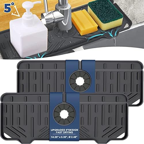 2 Pcs Silicone Faucet Handle Drip Catcher Tray Mat, 2 in 1 Dish Soap Sponge Holder for Kitchen Sink & Sink Splash Guard, Silicone Faucet Mat Drying Mat for Kitchen Sink Accessories, Counter, Bathroom by BFONS