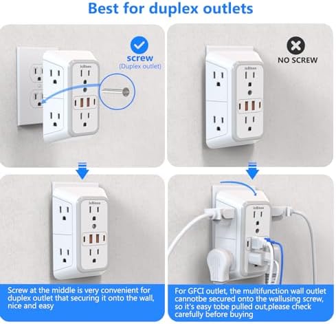 JcBlaon Outlet Extender Surge Protector - 6 Outlet Splitter with 4 USB Ports (2 USB C), Multiple Plug Expander Wall Charger, 3 Sided Multi Plug Wall Adapter Power Strip for Home Office Kitchen Travel - Image 4