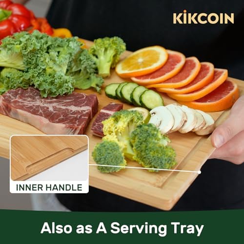 Kikcoin 17"×11" Bamboo Cutting Boards for Kitchen, Knife-Friendly Food Grade Wooden Cutting Boards for Kitchen, Charcuterie, Extra Large Chopping Boards with Deep Juice Groove, Reversible, Natural - Image 5