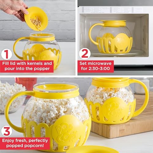 Ecolution Patented Micro-Pop Microwave Popcorn Popper with Temperature Safe Glass, 3-in-1 Lid Measures Kernels and Melts Butter, Made Without BPA, Dishwasher Safe, 3-Quart, Yellow - Image 3