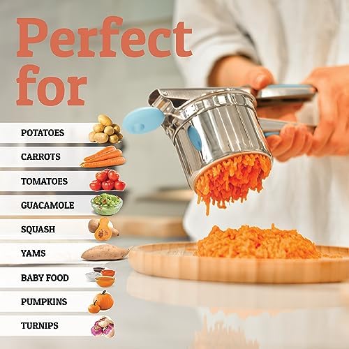 PriorityChef Large 15oz Potato Ricer, Heavy Duty Stainless Steel Potato Masher and Ricer Kitchen Tool, Press and Mash Kitchen Gadget For Perfect Mashed Potatoes - Everytime, Silver and Turquoise - Image 4