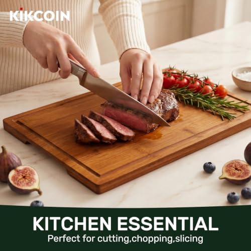 Kikcoin 17”×11” Deep-Carbonized Bamboo Cutting Boards for Kitchen, Healthy Wooden Cutting Boards for Kitchen, Charcuterie, Vegetables, Extra Large Chopping Boards with Deep Juice Groove and Handle - Image 5