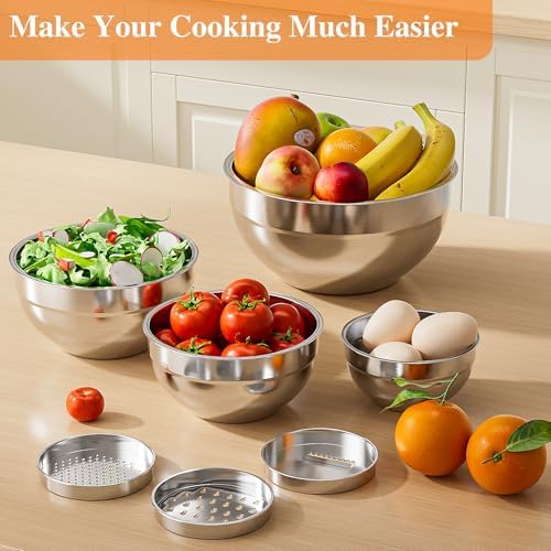 Mixing Bowls with Lids Set, 6 PCS Stainless Steel Mixing Bowls with 3 Grater Attachments, Kitchen Food Organizers Nesting Mixing Bowl, Large Size 4.5, 3.5, 2.1, 1.5, 1.1, 0.7QT-Colorful - Image 2