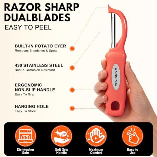 Rainspire Vegetable Peeler Potato Peelers for Kitchen, Sharp Stainless Steel Blades Veggie, Comfortable Handle Fruit Peeler, Carrot Peeler Apple Peeler Dishwasher Safe (1, Coral) - Image 6